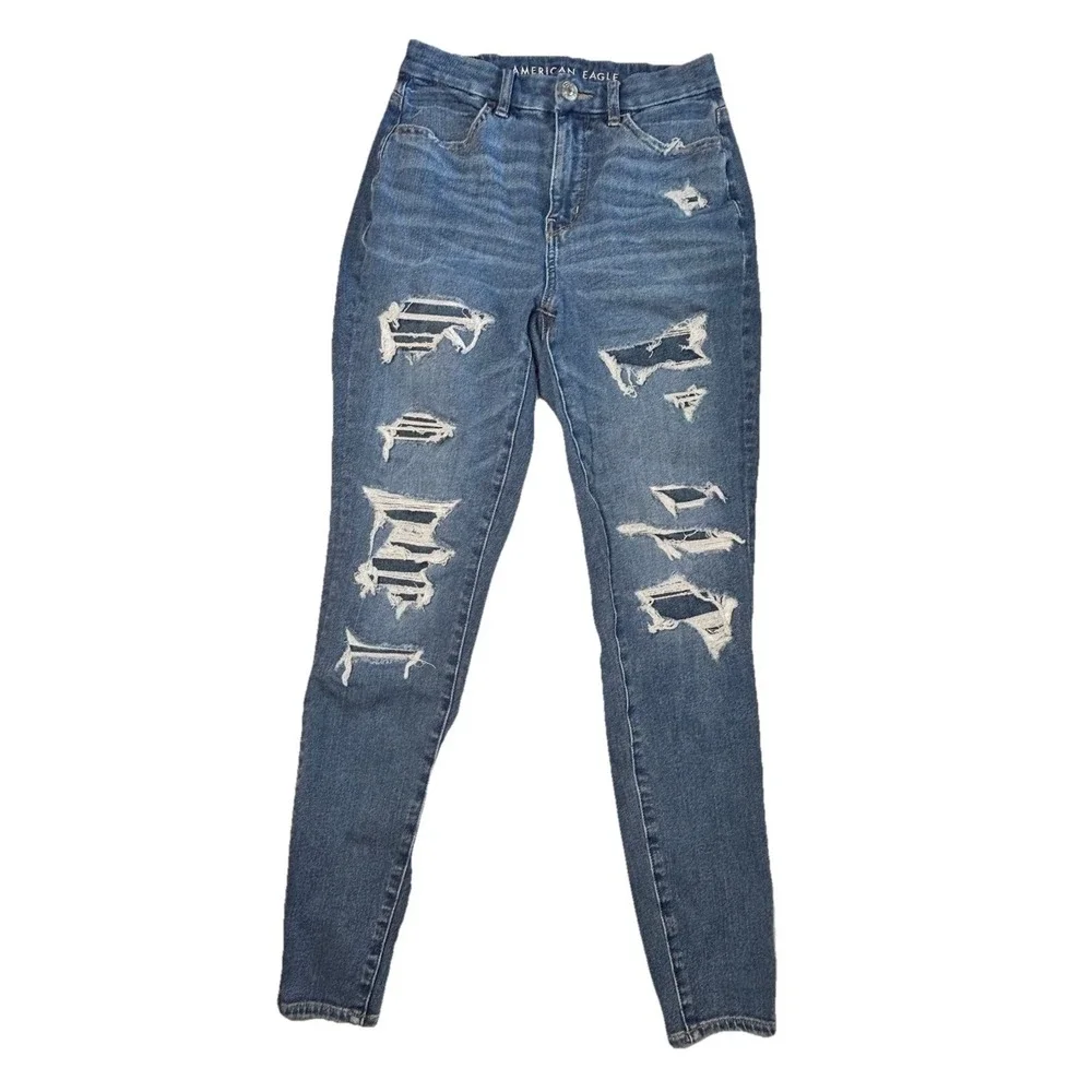 American Eagle Dream Jean High Rise Skinny Distressed Ripped 2 Regular Blue‎